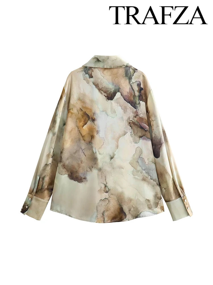 TRAF Womens Temperament TieDye Silk Texture Suit SingleBreasted Long Sleeve Loose Shirt Midi Elastic Waist Skirt 250614