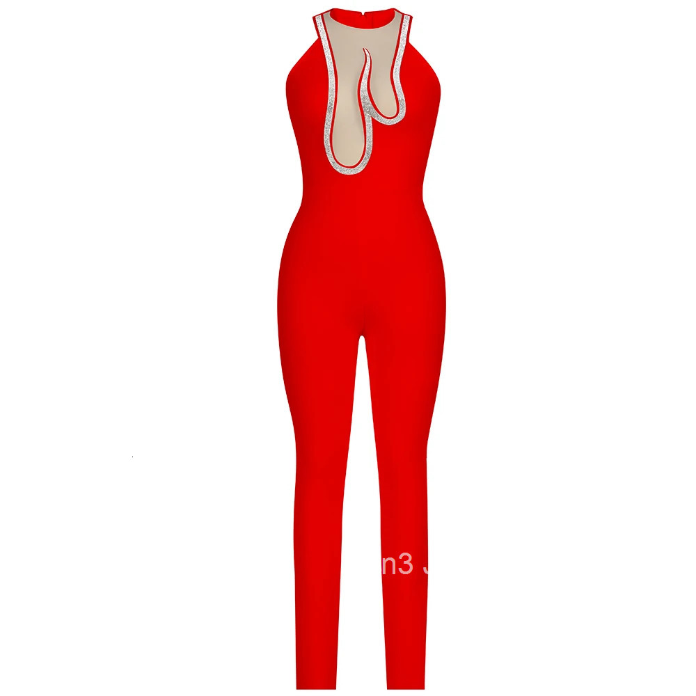 Elegant Womens Bandage Jumpsuits Club White Gauze Flash Drill Sleeveless Long Pants Lady Bodycon Pantsuits New Fashion 2025
