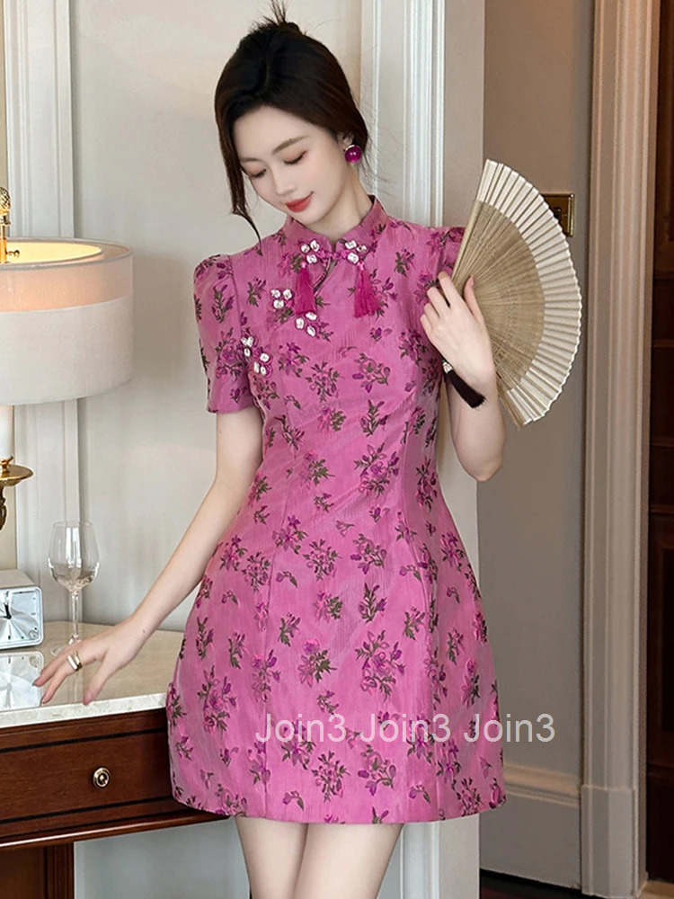 Women Clothes Chinese Style Sweet Floral Puff Sleeve Slim A-Line Mini Short Dress Elegant Fashion Evening Party Vestidos Casual