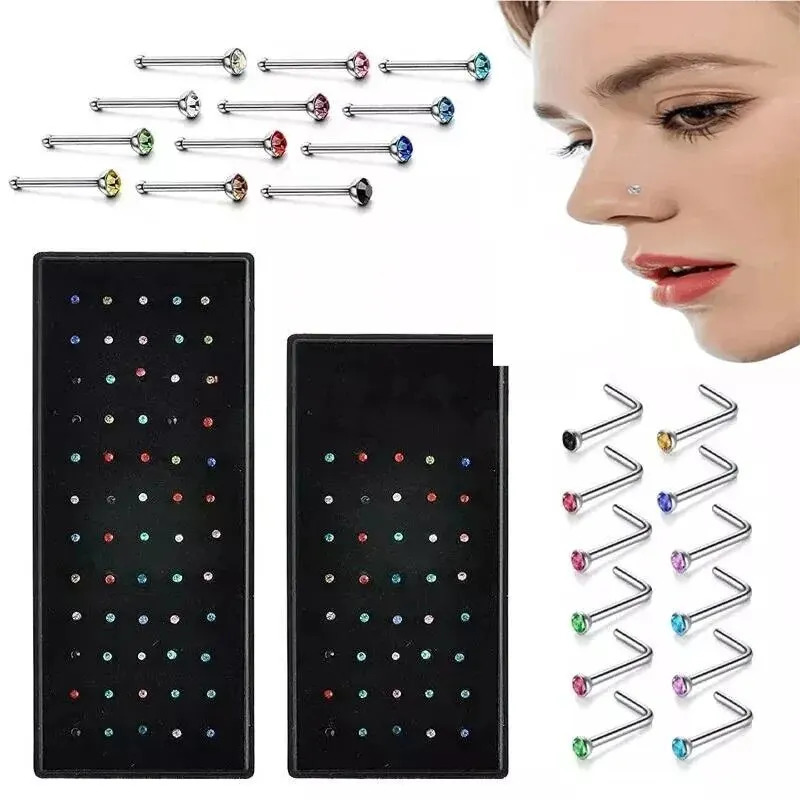4060 PcsSet Crystal Stainless Steel Nose Piercing Pack Straight Ring Kit L Stud Helix Body Jewelry 250613