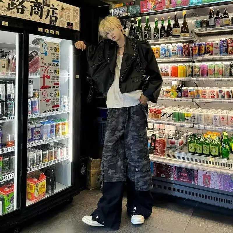 Harajuku High-end Short Pilot Stand Collar Straight Shoulder PU Leather Zipper Jacket Men Trendy Autumn Versatile Mens Clothing W250623