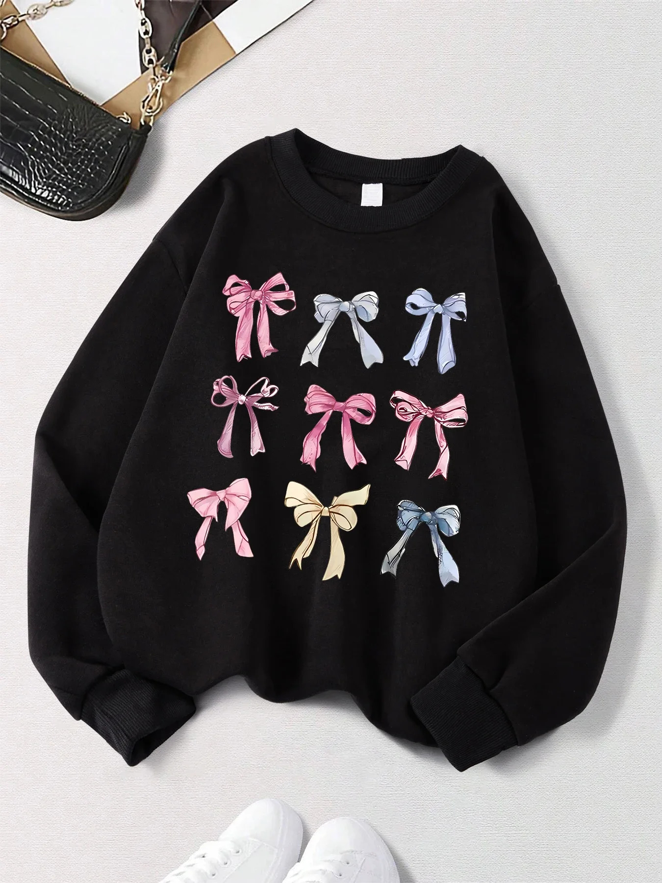 Retro Leopard Print Bow Printed Women Hoodies All-Match Comics Hoody Fleece Casual Clothes Street Hip Hop Pullover Woman 250617