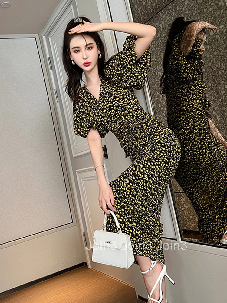 Satin Elegant Women Dress Summer Vintage Casual Puff Sleeve Pleated Print Bodycon Slit Midi Club Beach Lady Robe Mujer Vestidos