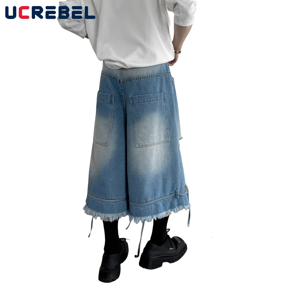 Ripped Raw Edge Denim Shorts Mens with Belt Summer High Street Loose Wide leg Jeans Cropped Trousers Men 250616