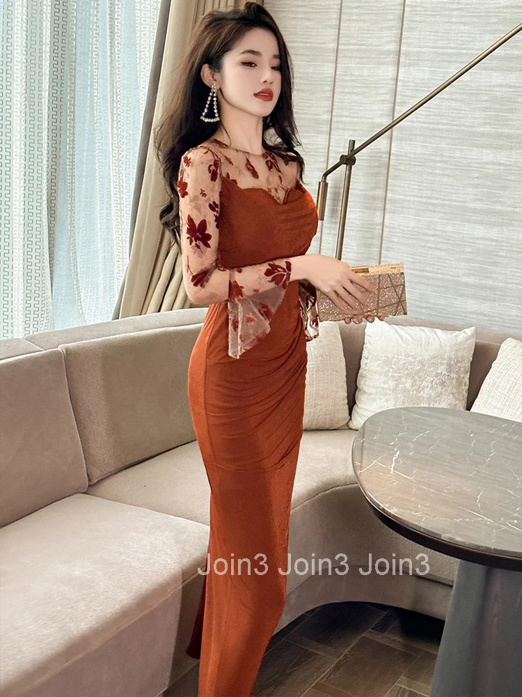 Fashion Ladies Chic Mesh Splic Sheer Sexy Long Prom Dress Women Mujer Elegant O-Neck Skinny Vestidos Robe Femme Stretchy Clothes