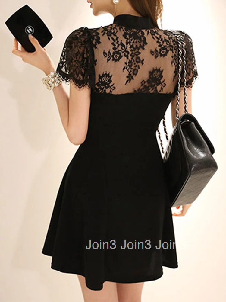 Korean Elegant Women Evening Dress Lady Black Retro Sexy Hollow Lace Sheer Slim Mini Gown Party Club Femme Mujer Vestido Summer