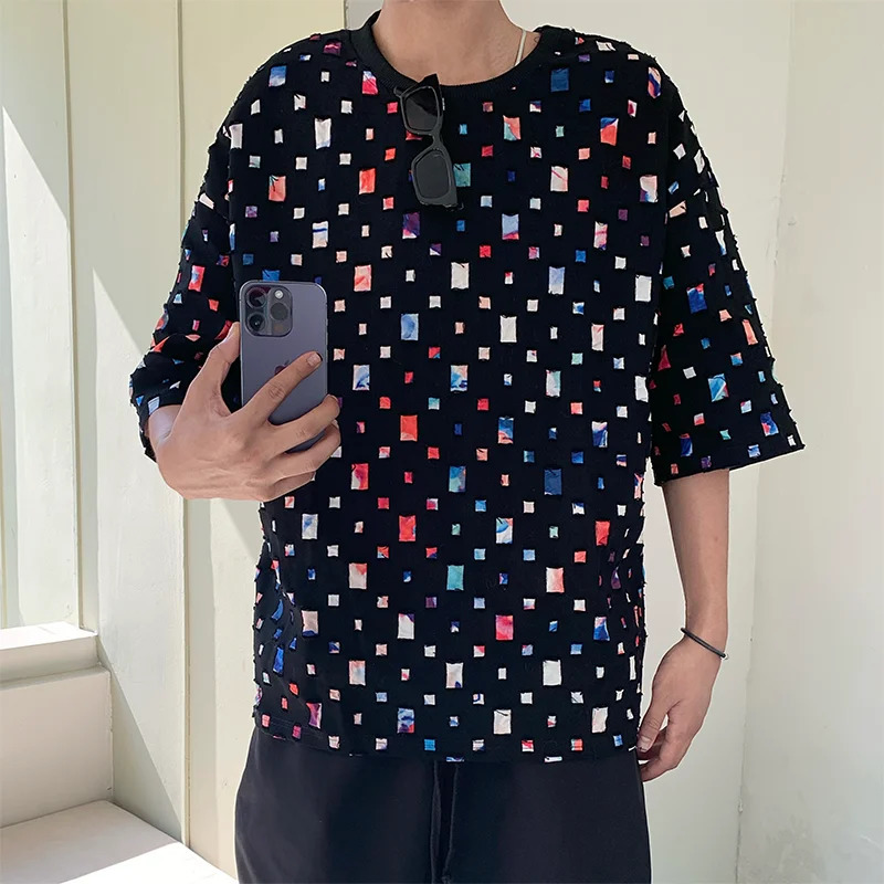 Summer Cotton Short Sleeved T-shirt Men Fashion Colorful Plaid T-shirt Men Streetwear Hip-hop Loose Hollow Out T Shirt Mens Tops 250616