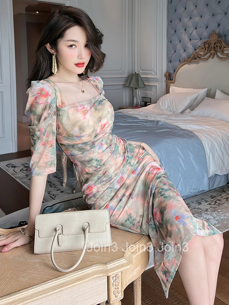 New Mesh Elegant Women Evening Dress Temperament Vintage Flower Sheer Slit Midi Party Club Beach Boho Robe Femme Mujer Vestidos