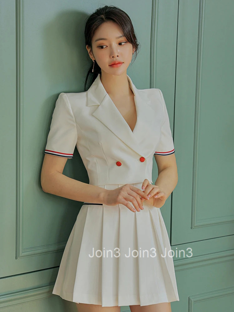 New Summer 2 Pieces Outfit Suits Women Temperament Formal Short Cropped Tops Coat Blazer Suit High Waist Pleated Mini Skirt Sets