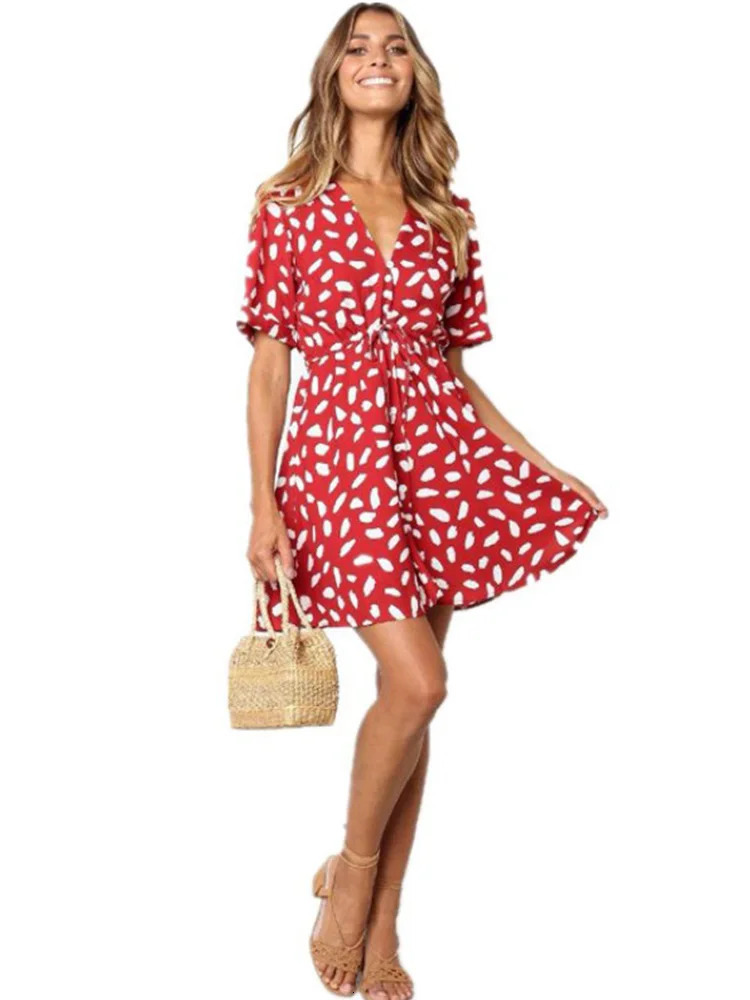 White Sand Spot Mini Summer Women V Neck Casual Beach Sundress Sexy Botton Wrap Bodycon Dress Female 250614