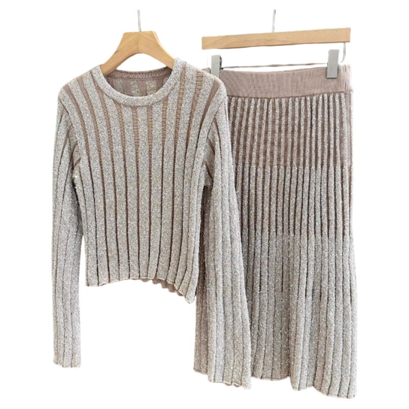 BC Designer dress Suits set for woman elegant Sleeve Knitted Top with Beads and Elastic Round Neck