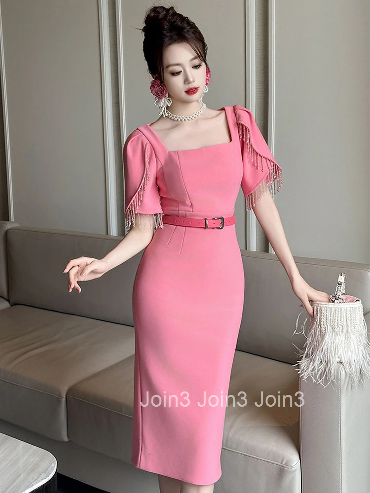 New Summer Fashion Solid Formal Occasion Evening Dress Women Clothes Elegant Luxury Square Collar Slim Midi Party Prom Vestidos