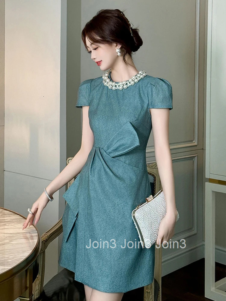 New Elegant Luxury Summer Busines Formal Occasion Dress Women Clothes Pearl O-Neck Slim Asymmetrical Party Prom Vestidos Fiesta