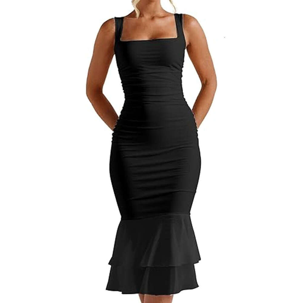 New Double Layer Mesh Patchwork Square Neck Sleeveless Tight Pleated Mermaid Dress B5