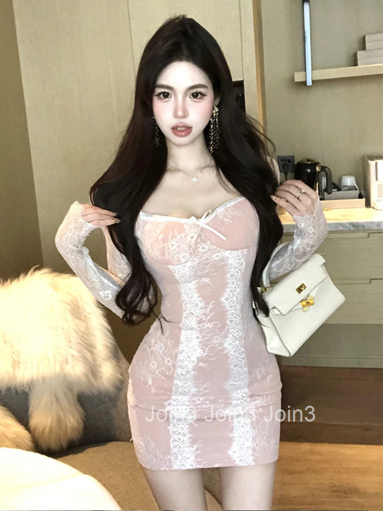 Hotsweet Cute Prom Dress Women French Sheer Perspective Lace Patchwork Bow Wrap Hip Skinny Short Gown Lady Date Party Vestidos