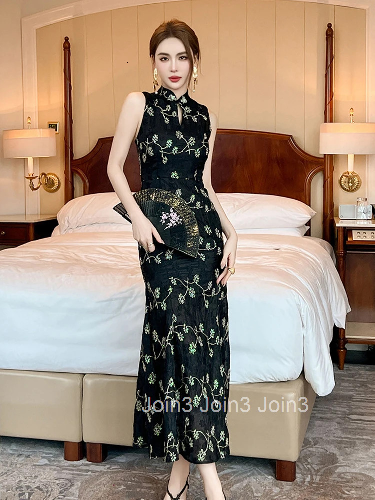 New Summer Fashion Elegant Black Print Evening Dress Women Clothing Vintage Sexy Sleeveless Slim Party Prom Robe Vestidos Fiesta