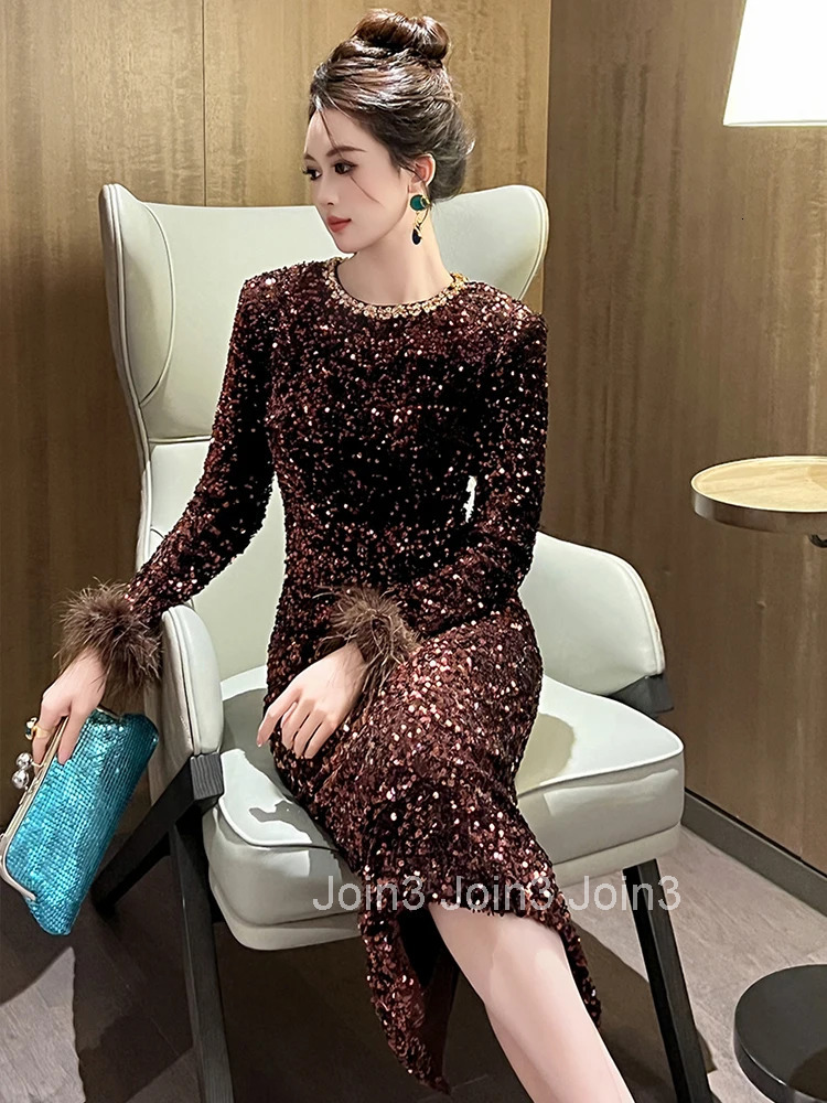 Women Clothes Formal Occasion Sparkly Sequin O-Neck Skinny Evening Dress Elegant Luxury Fashion Party Prom Vestidos Casual New