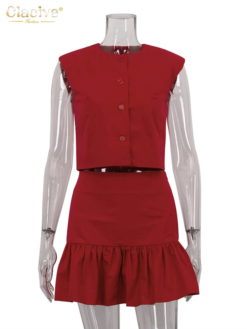 Clacive Summer Loose Red Cotton Womens Two Pieces Set 2025 Fashion Sleeveless Tank Top With High Waist Mini Skirt Female 250617