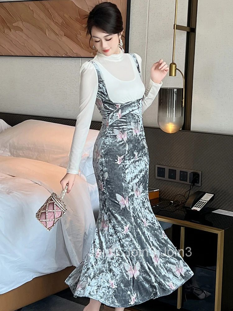 Women Clothes Fake 2-Piece Velvet Embroidery Stand Neck Slim Midi Fishtail Dress Elegant Party Vestido Robe Autumn Winter Casual