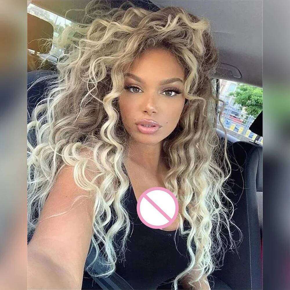 Synthetic Womens Long Hair Ash Blonde Curly Female Natural Wavy Drag Queen Regular Wig 80s Brown Ombre Wigs for Girls