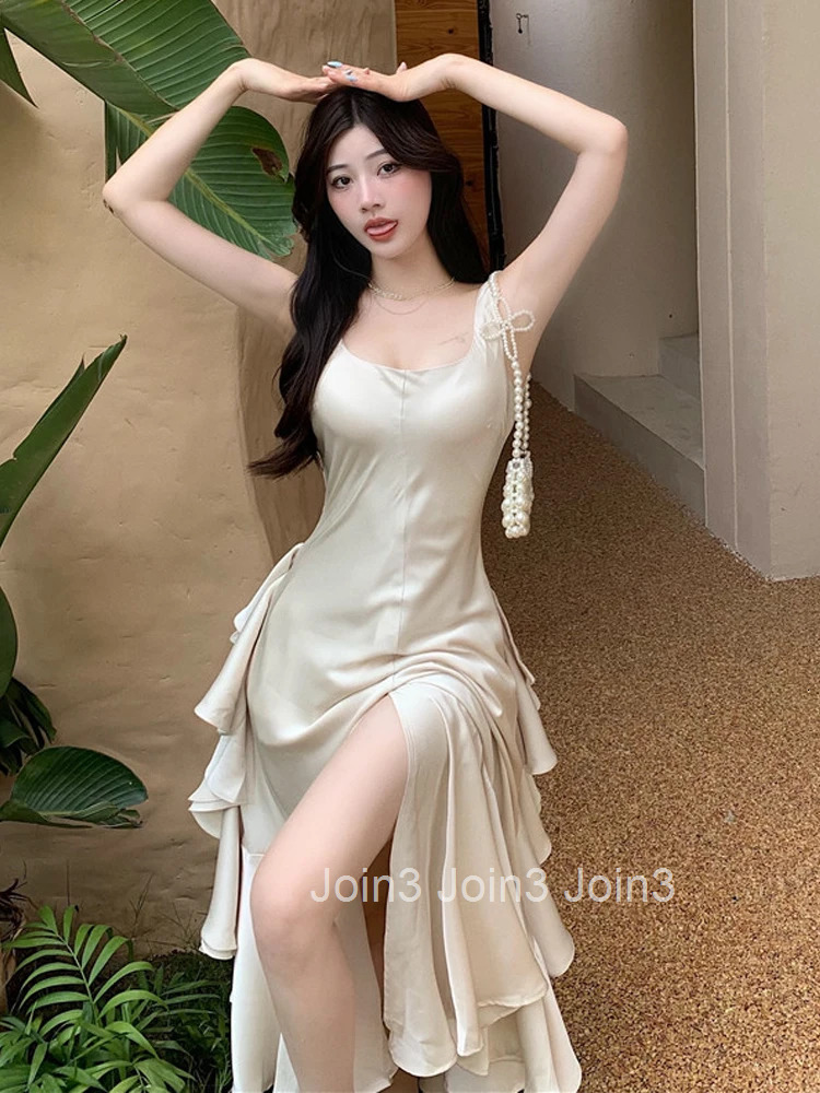 Korean Summer Satin Elegant Women Dress Casual Sexy Tank Backless Ruffle Split Maxi Party Lady Robe Femme Beach Mujer Vestidos