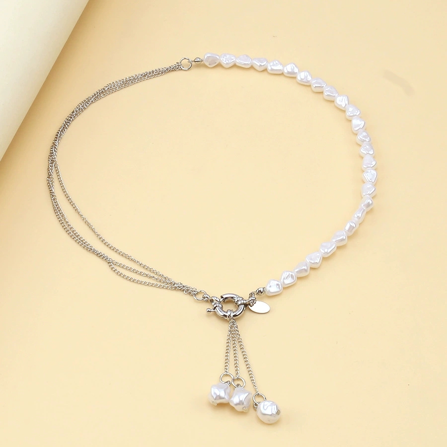 Asymmetrical irregular-shaped imitation pearl tassel necklace mixed with punk fine chain necklaces