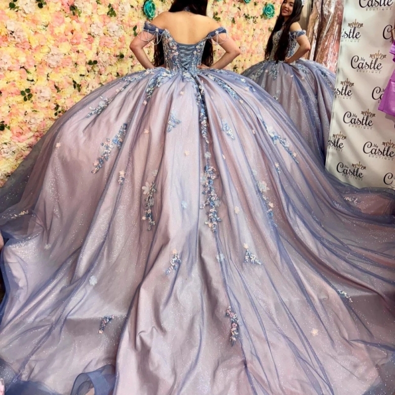 Purple Shiny Princess Ball Gown Quinceanera Dresses 3D Floral Applique Beading Crystal Tull Sweet 16 Dress Vestidos De 15 Anos