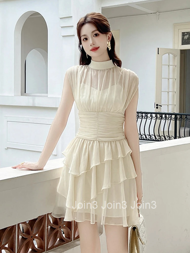 New French Round Neck Irregular Ruffle Chiffon Fairy Evening Dress Women Clothes Sweet Sexy Sleeveless Slim Party Prom Vestidos