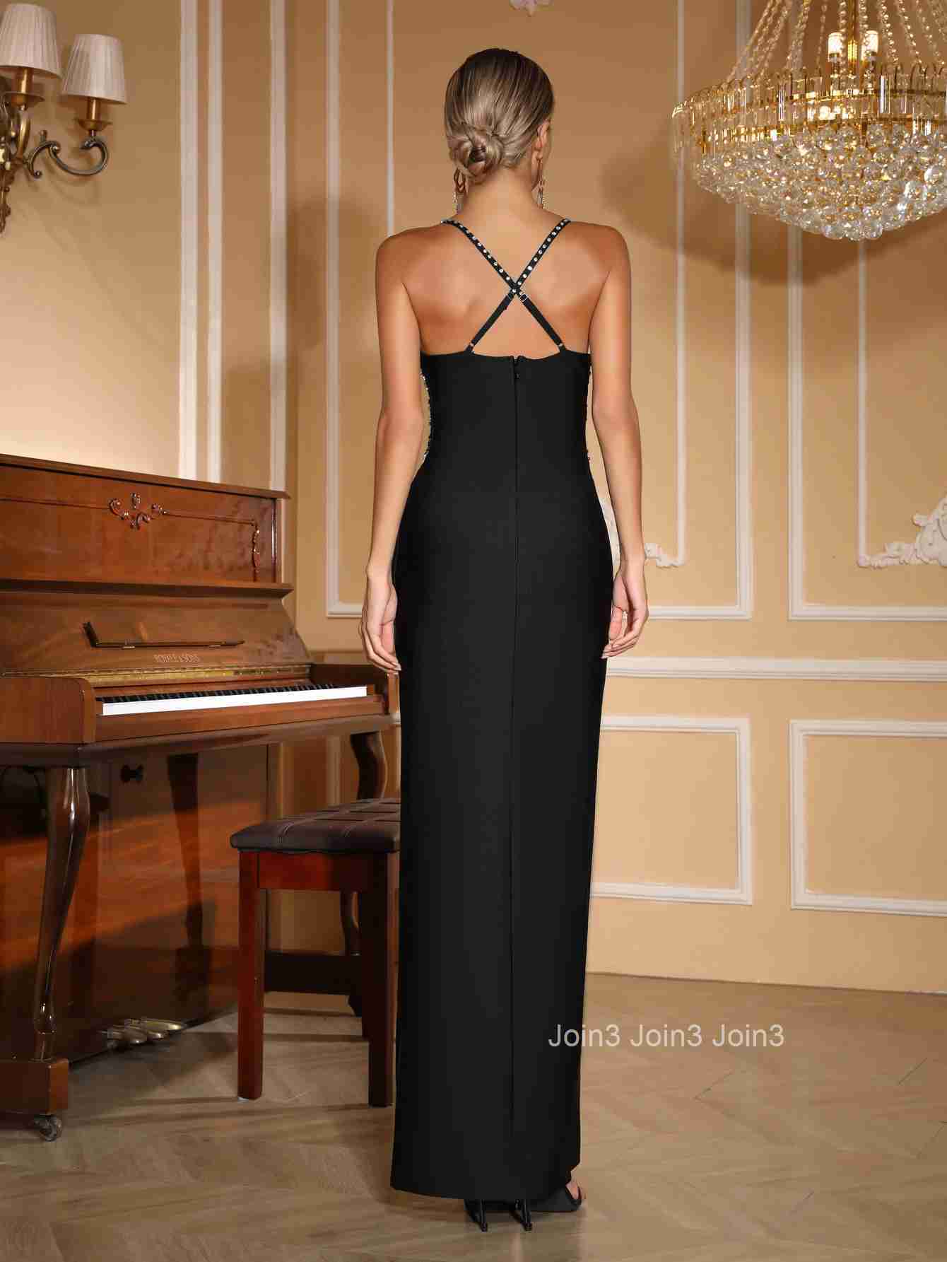 Womens Hot Pink and Black Duo Tone Sequin Bandage Dress Strapless Thigh-High Slit Crystal Evening Glam Formal Gown