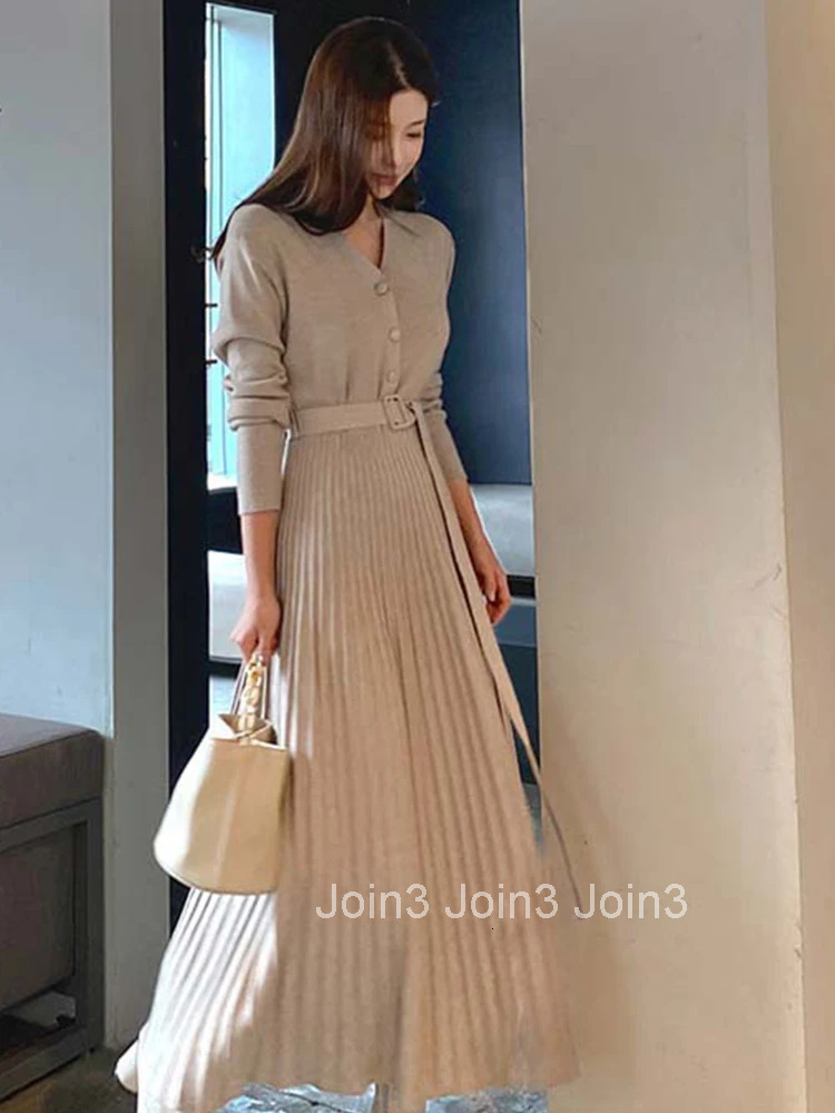 Fashion Autumn Winter Formal Knitted Long Dress Women Ladies Clothes Pretty Sweater Casual V-Neck Slim Midi Robe Mujer Vestidos