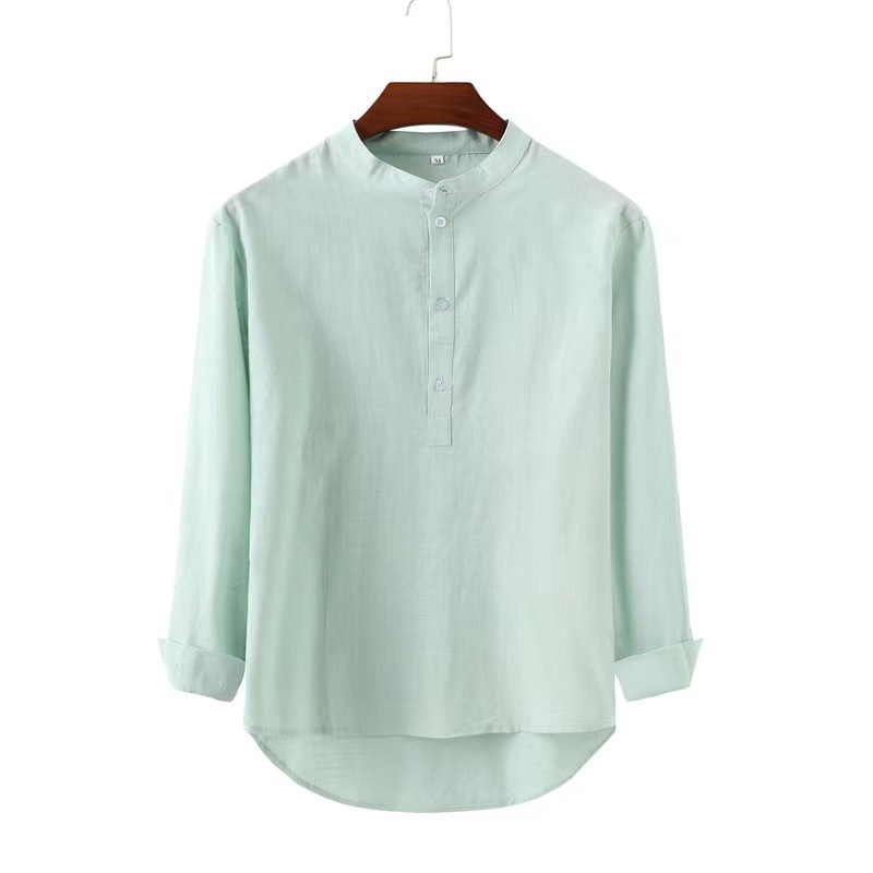 Designer T-shirt men's bamboo joint cotton and linen shirt casual stand-up collar solid color long-sleeved shirt WISH shirt S-3XL (European Size)