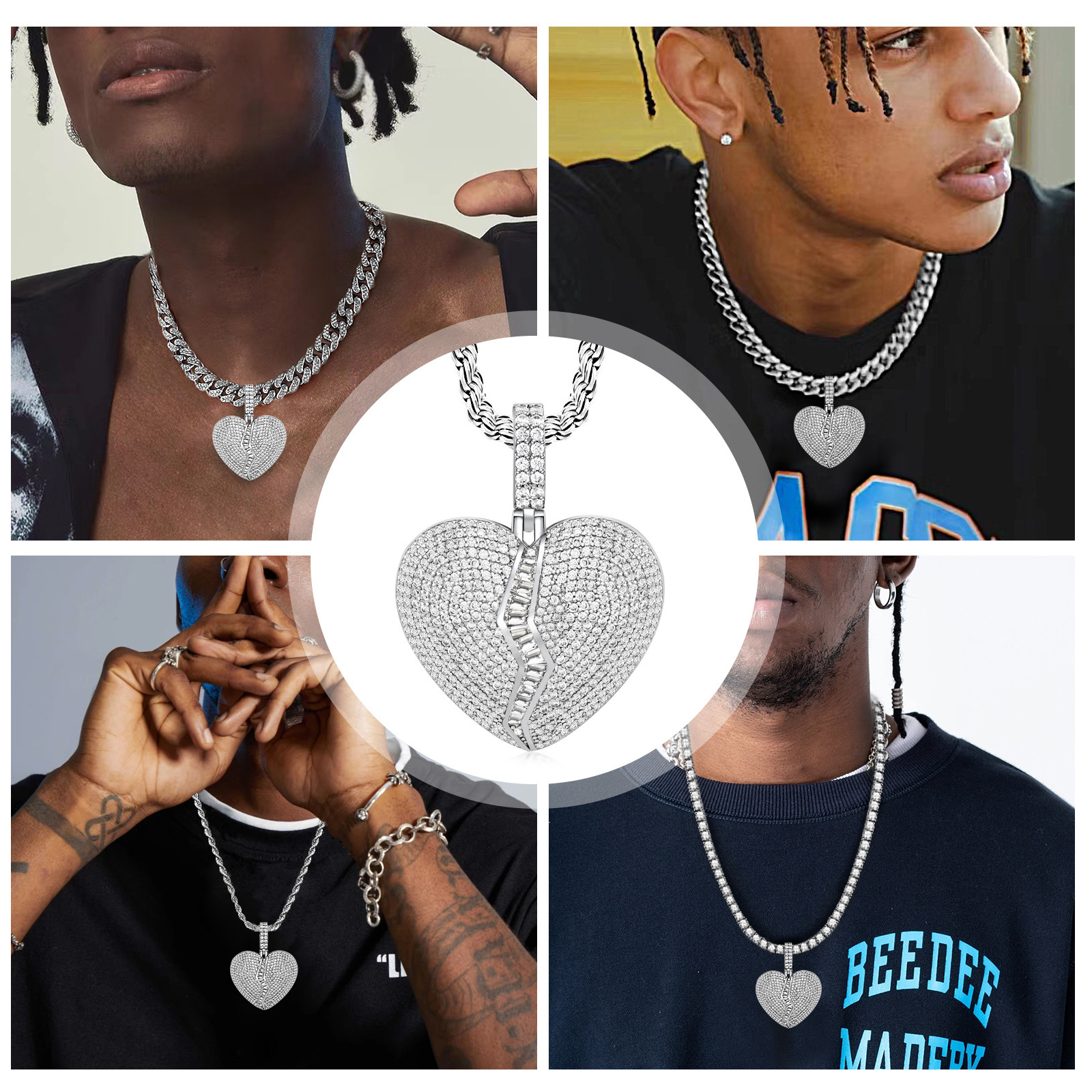 Luxury Hip Hop 3D Diamond Inlaid Heart Pendant Men's Niche Statement Necklace Pass the diamond tester
