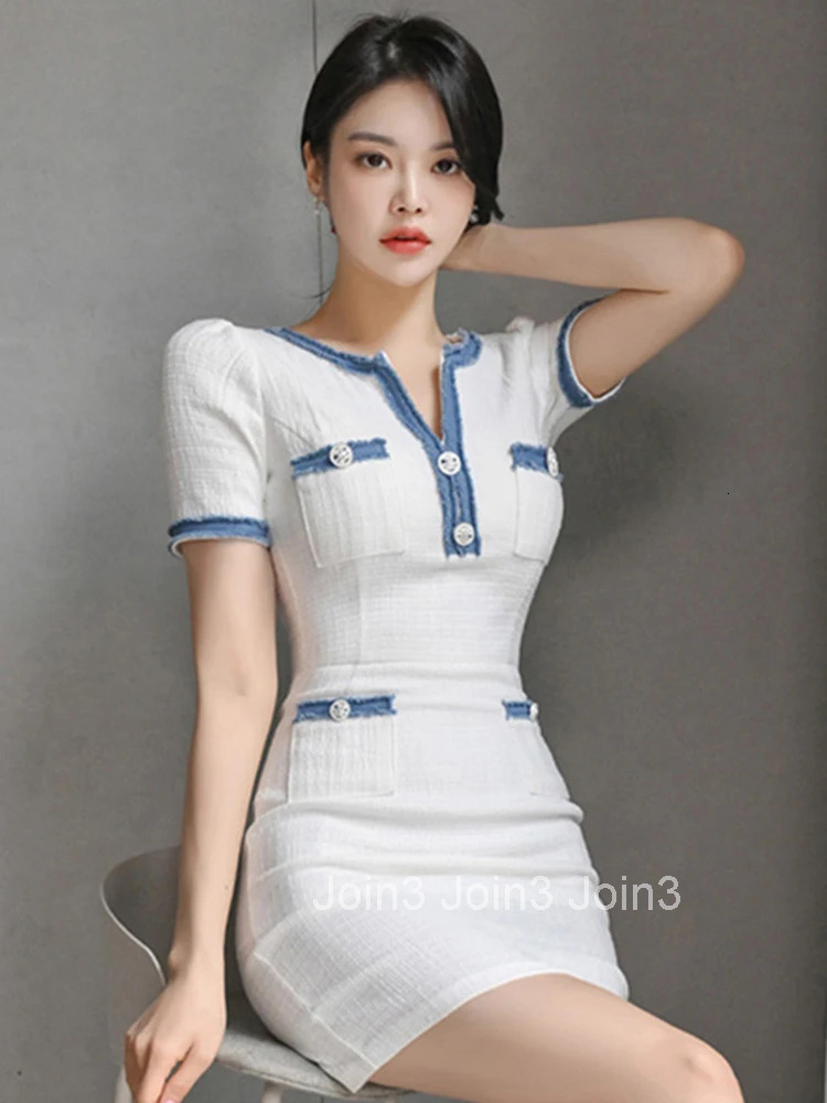 Summer Fashion Work Style Formal White Pencil Short Dress Women Clothes Elegant Office Vintage Short Sleeve Slim Mini Vestidos