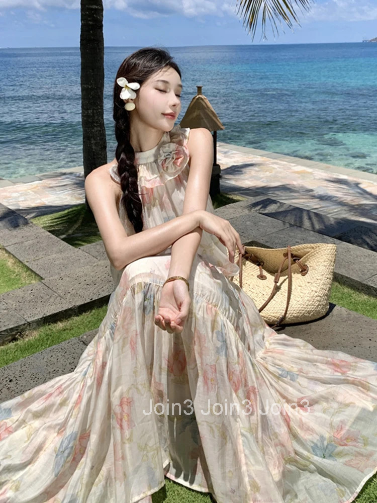 Women Vacation Clothes Sweet Floral Print Sexy Sleeveless Loose Maxi Long Dress Elegant Fashion Party Prom Vestidos Robe Beach