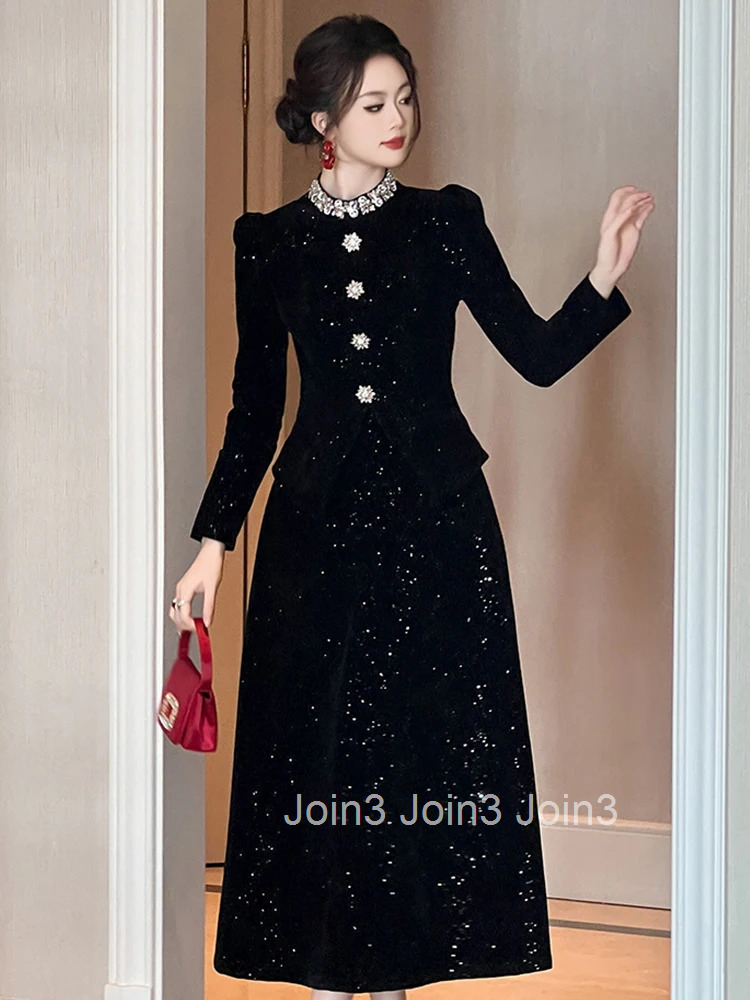 Women Clothes Elegant Luxury Sparkly Black Velvet O-Neck Slim Midi A-Line Long Dress Fashion Evening Party Prom Vestido Robe New