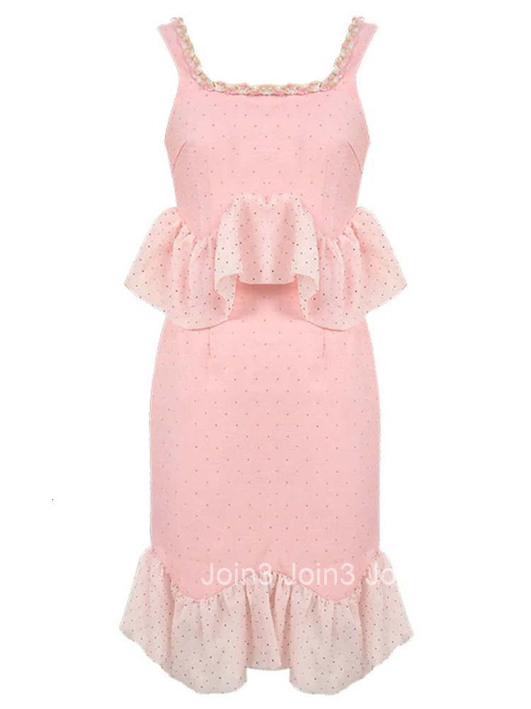 New Summer Fake 2 Piece Pink Sweet Luxury Sparkly Evening Dress Women Clothes Ruffle Sexy Sling Slim Party Prom Vestidos Fiesta