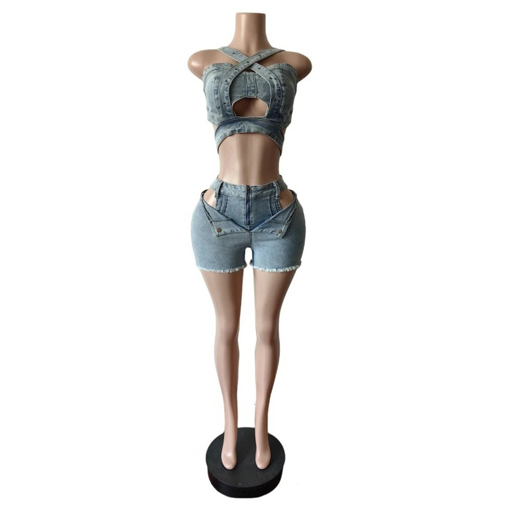 Sexy Jean Women Short Sets Straps Denim Crop Top and Cut Out Shorts Set 2025 Summer Clothes Streetwear Two 2 Piece Club Outfits 250618