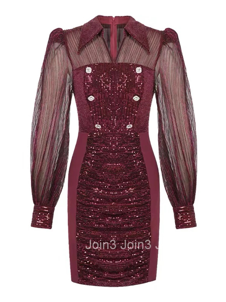 Autumn Fashion Retro Sequins Sheer Sexy Evening Dress Women Clothes Elegant Lantern Sleeve Slim Short Party Prom Vestidos Fiesta