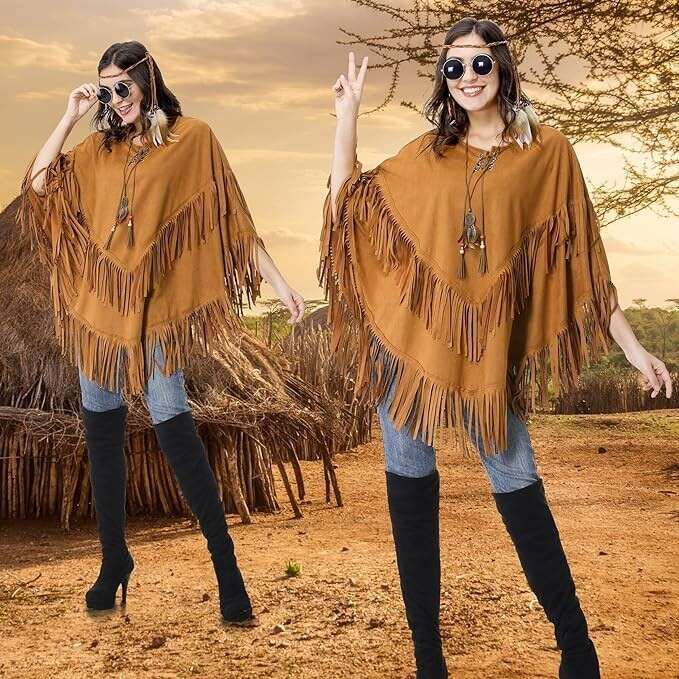 Carnival Hippie Halloween Indigenous Indian Suede Vest Top Tassel Shawl Cape B5