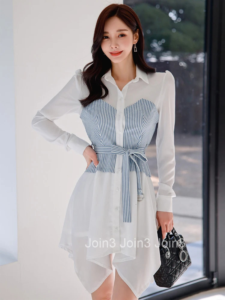 New Spring Autumn Elegant Women Dress Chic Casual Shirt Striped Turn-down Collar Slim Midi A-Line Street Clothes Mujer Vestidos