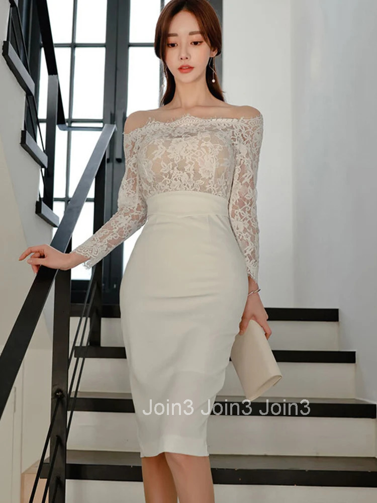 Fashion Korean Spring Autumn Elegant Women Dress Mujer Chic Lace Sheer Sexy Off-Shoulder Midi Dresses Party Club Prom Vestidos
