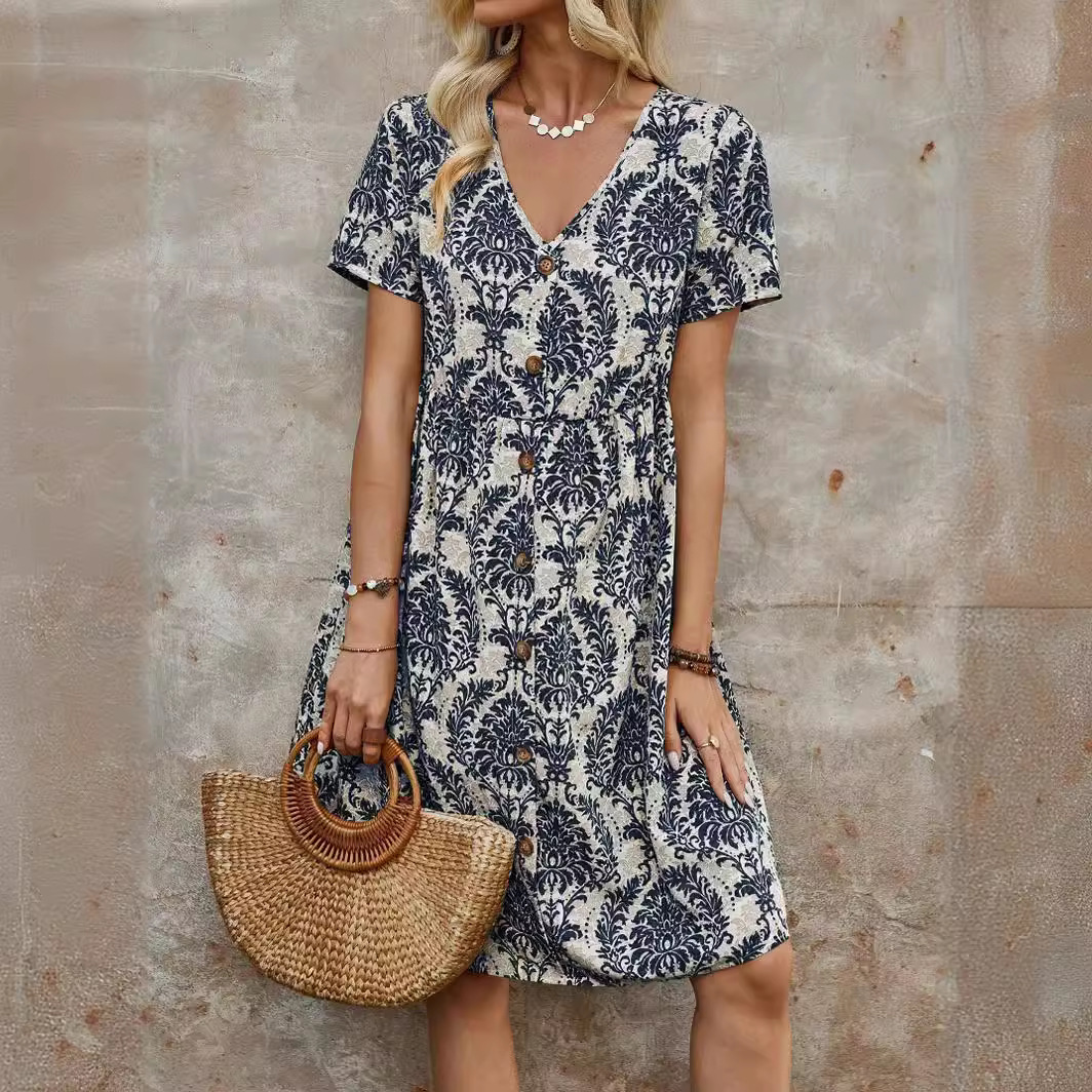 X623Ladies summer new fashion print V-neck short sleeve loose midi dress