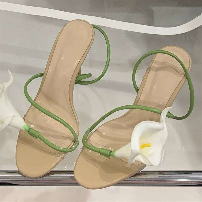 Eilyken Sexy PVC Transparent Flower Narrow Band Women Sandals Street Style Open Toe Thin High Heels Party Prom Shoes