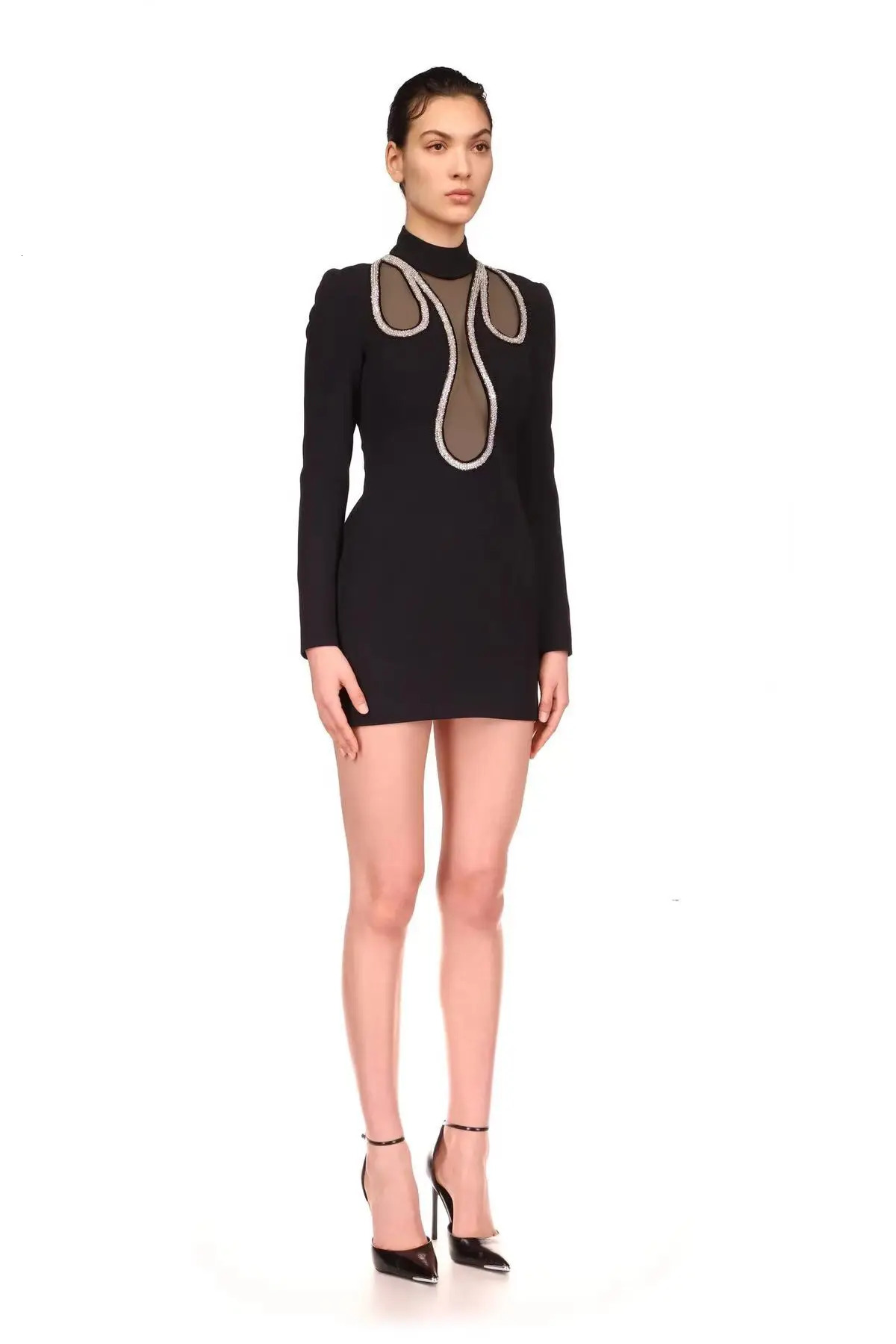Newest Fashion Bandage Dress Black Long Sleeves Geometric Flash Drill Lady Bodycon Elegant Evening Party Mini Vestido