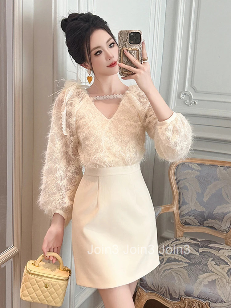 Women Clothes Sweet Fake 2-Piece Lantern Sleeves Slim Short Dress Elegant Ladies Fashion Party Vestidos Casual Formal Occasion