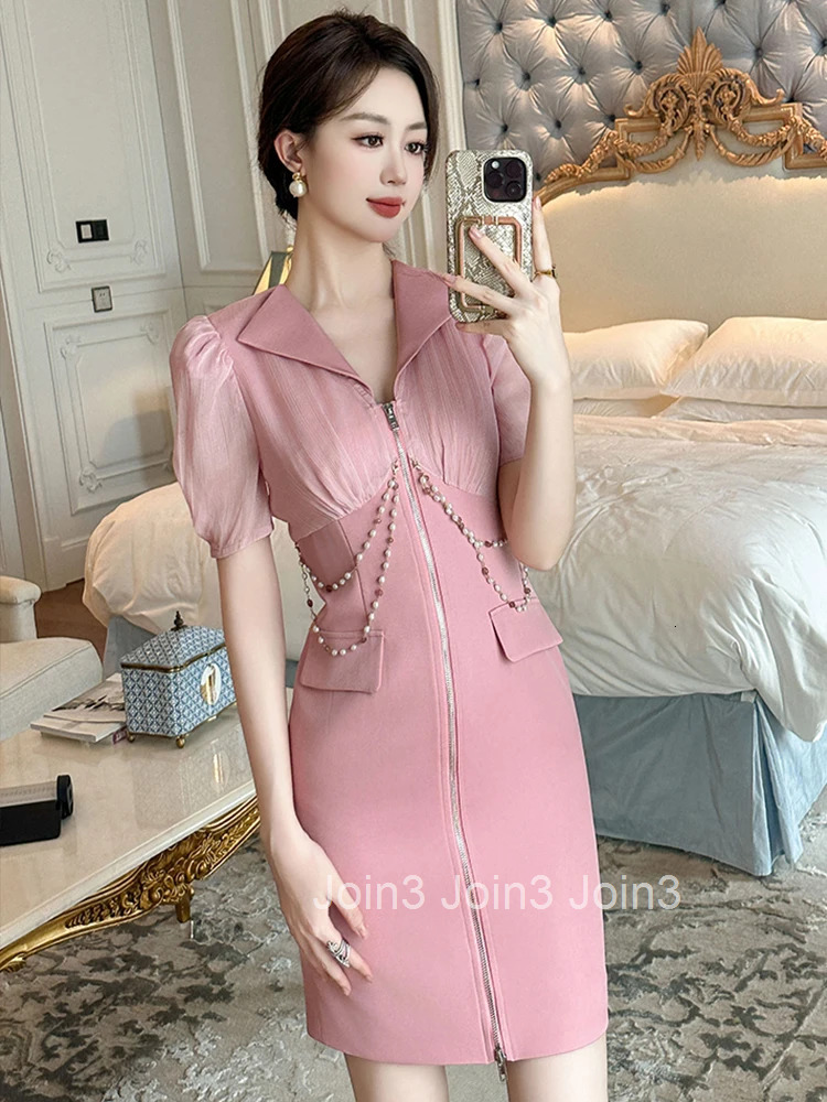 Women Clothes Fake 2-Piece Lapel Puff Sleeve Slim Mini Short Pencil Dress Elegant Fashion Party Vestidos Formal Occasion Casual