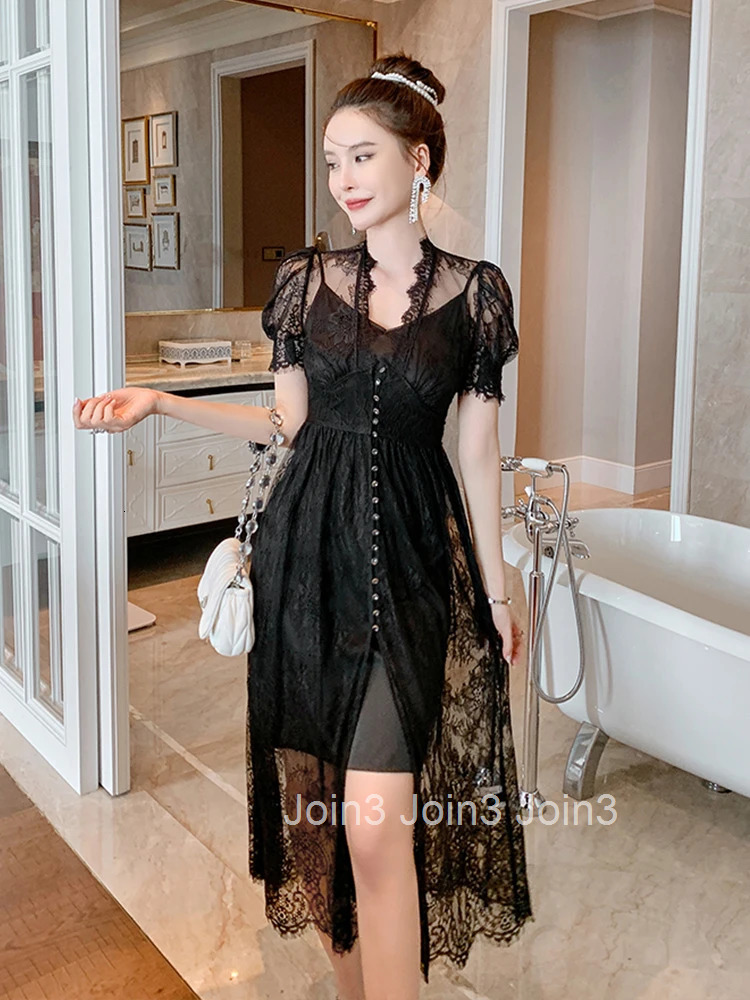 Korean Style Vintage Sexy V-Neck Short Sleeve Maxi Party Dress Ladies OL Elegant Coffee Break Robe Lace Perspective Beach Dress