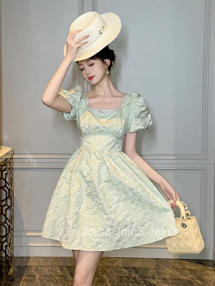 New Summer Fashion Sweet Floral Square Collar A-Line Dress Women Clothes Retro Puff Sleeve Corset Slim Short Party Prom Vestidos