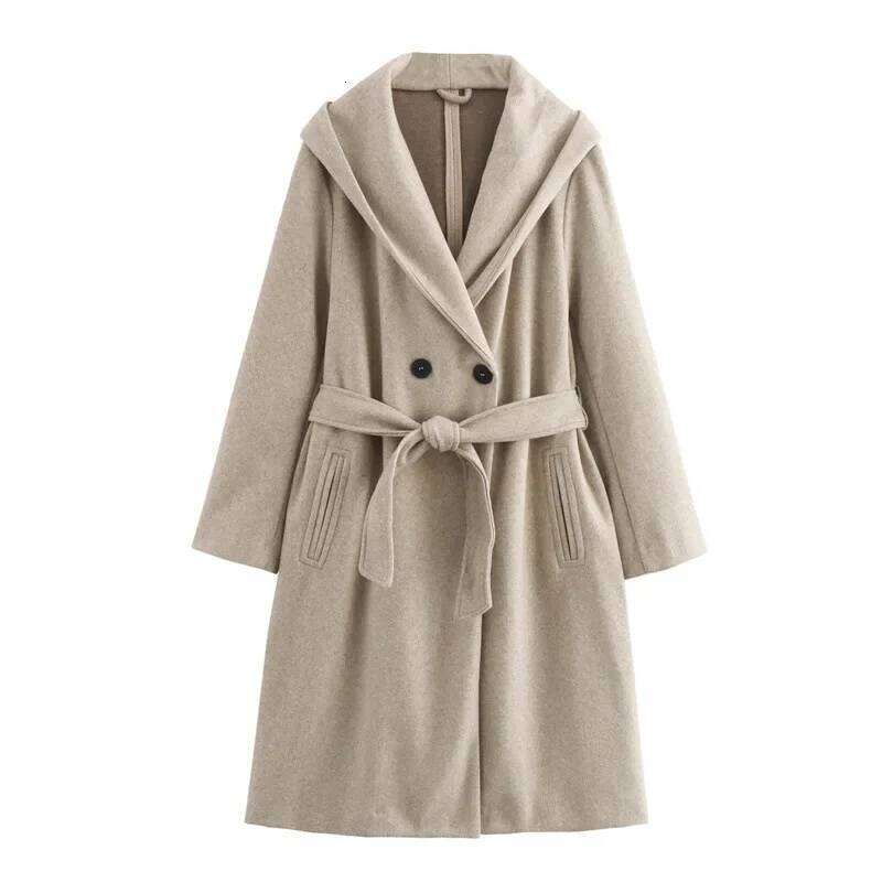 Loose Women's Coat with Belt Pure Color Hooded Jacket V-neck Regular Type Chinese Origin Fashionable Elegant Female Outerwear