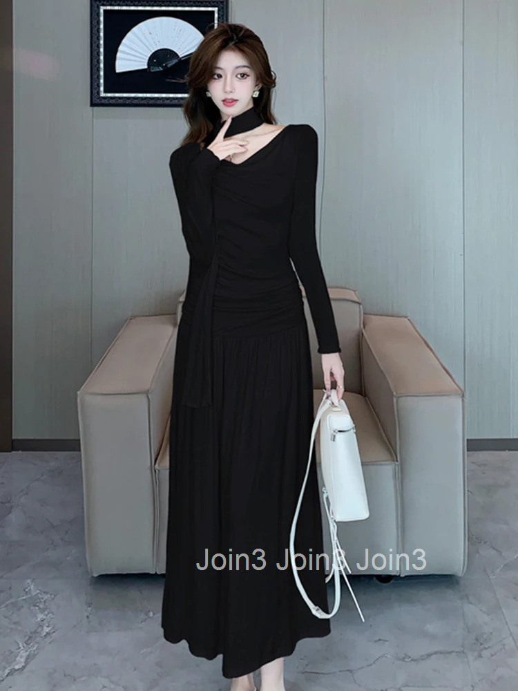 New Spring Autumn Fashion Casual Stretchy A-Line Long Dress Women Clothes Elegant Solid Long Sleeve Folds Slim Maxi Robe Vestido